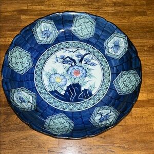Vintage Japanese Arita Blue & White Porcelain Bowl - Scalloped Peony Charger 12”